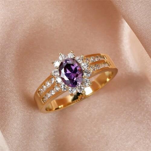 Charming Purple Crystal Stone Ring Cute Oval Zircon Rings For Women Wedding Jewelry Vintage Fashion Yellow Gold Engagement Ring