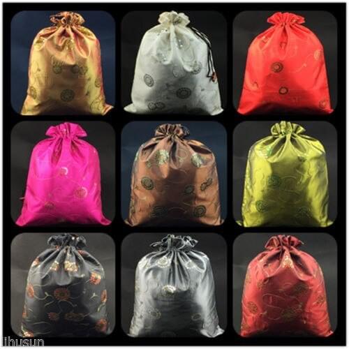 Wholesale10pcs Chinese Embroiderd Sequin Floral Silk Cloth jewelry and shoe bag 28*37cm