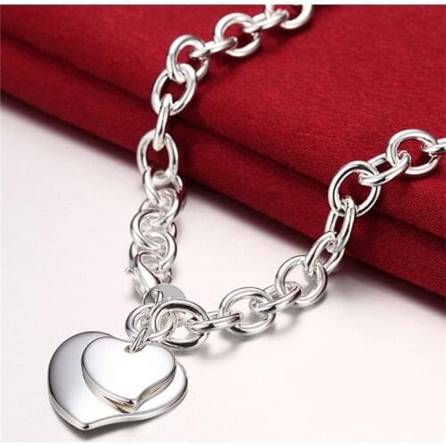 New 925 Sliver Solid Double Heart Necklace Fashion Jewelry For Women Engagement Anniversary Birthday Wedding Trendy Gift