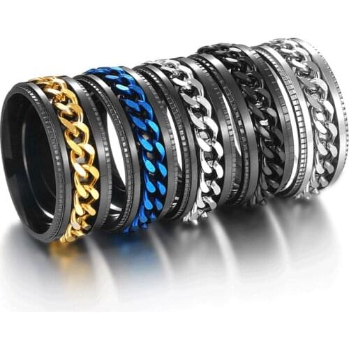 Punk Rock White Black Gold Color Chain Finger Ring Bands Stainless Steel Rotate Couples Gift for Women Men Wedding Jewelry