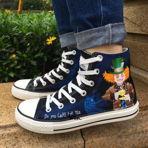 Wen Hand Painted Canvas Sneakers Fairy Tale Characters Mad Hatter Cheshire Cat Design Custom High Top Skateboard Shoes Gifts