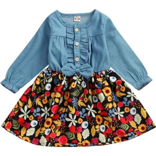 Girl Dress 2019Toddler Baby Girl Kid Long-sleeved Flower Print Denim Stitching Dress Clothes Party Dress Size 1-4Y