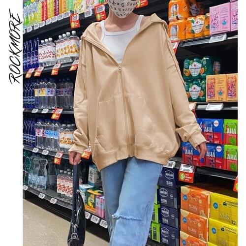 Rockmore Solid Hoodies Oversized WomenS Sweatshirts Pockets Jacket Harajuku Femme Clothing 2021 Autumn Casual Hooded Zip Up Top