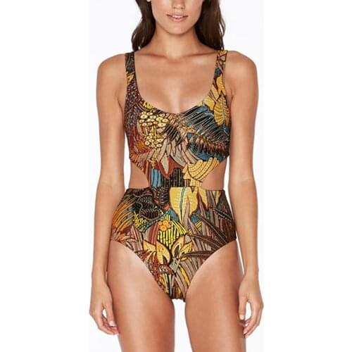 Vintage Printed Bandage One Piece Swimsuit Women Swimwear High Cut Out Monokini High Waist Bathing Suit Sexy Bodysuit Beach Wear