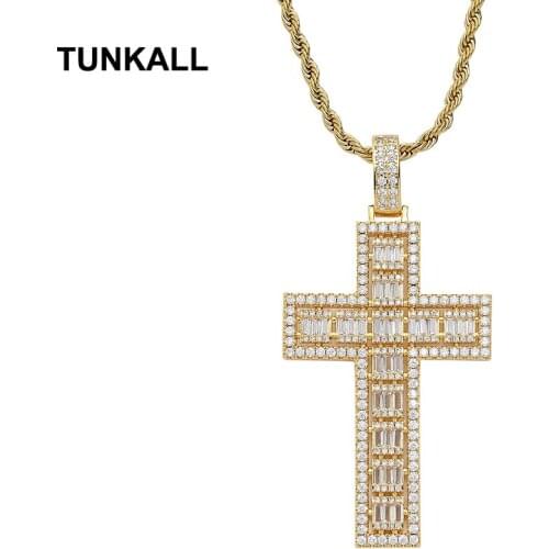 TUNKALL Brass Setting CZ Cross Pendant Iced Out Cubic Zircon Necklace Hip Hop Jewelry pendant Necklaces CN303