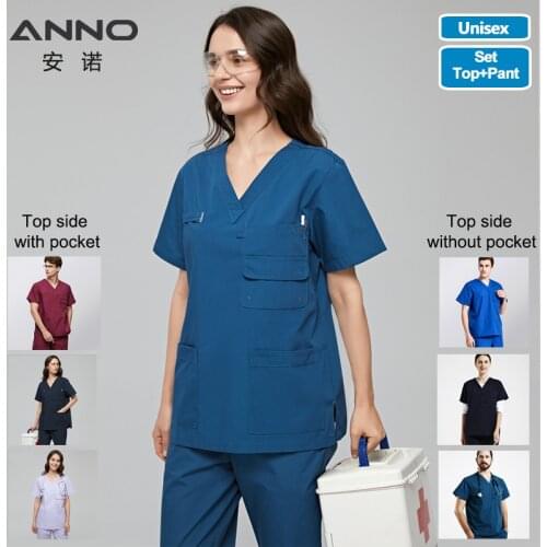 ANNO Multiple Pockets Scrubs Set Work Uniform Hospital Classic Form Foctor Woman Man Nursing Wear Dental Clothing
