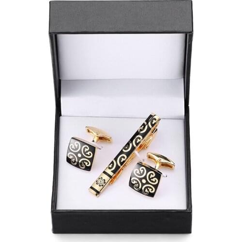 DY New Golden Square retro pattern tie clip Cufflinks box set men French shirt Cufflinks tie clip black box set free shipping