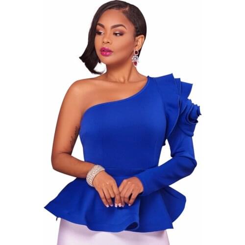 Black Blue One Shoulder Ruffles Details Peplum Tops Fashion Women Long Sleeve Hollow Out Tshirt Club Wear Slim Shirts Top