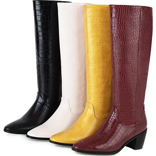 2020Brand Design Women Boots Fashion Stone pattern Knee High Boots Square High Heel Long Boots Slip-On spring Autumn Boots Woman