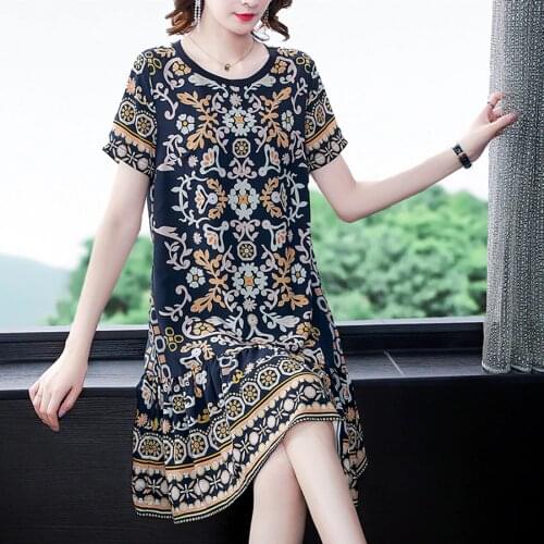 Vintage Black Print Mulberry Silk Beach Midi Dresses 2021 Summer Elegant 4XL Plus Size Floral Sundress Female Bodycon Vestidos
