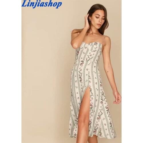 Vintage Adjust Spaghetti Strap Split Dresses Elegant Green Stripe Floral Print Vestidos Retro Sleeveless Women Dress