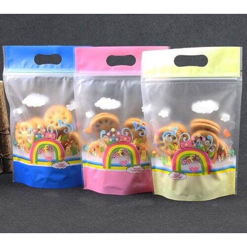 100Pcs/lot Stand Up Cute rainbow cartoon handle Frosted Cookie Zip Lock Bag Plastic Packaging For Food Tea Candy Baking Bags