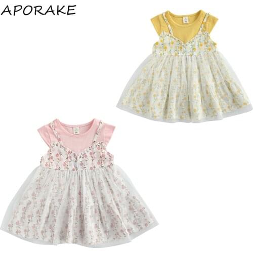 2021 0-4Y Breathable Toddler Girls Dress Summer Creative Floral Print Fly Sleeve False Two Pieces Mesh Splicing Princess Dress