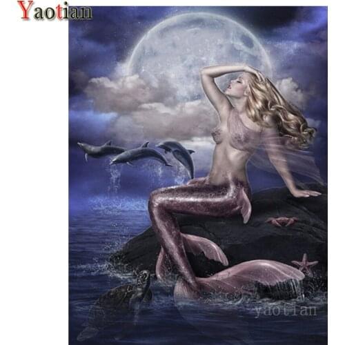 5D Diamond Painting Diamond Embroidery Mermaid and Dolphin in Moonlight Full Square Woman Cross Stitch Mosaic Rhinestone Decor