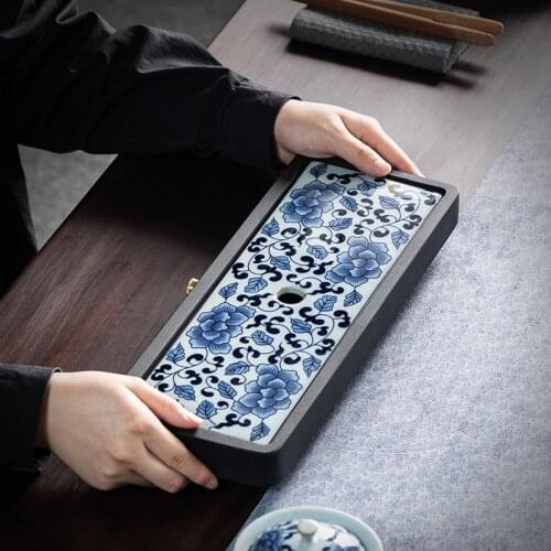 Black Stone Dry Pour Stone Tea Tray Small Stoneware Blue and White Porcelain Embedded Water Storage Tea Table Rectangular