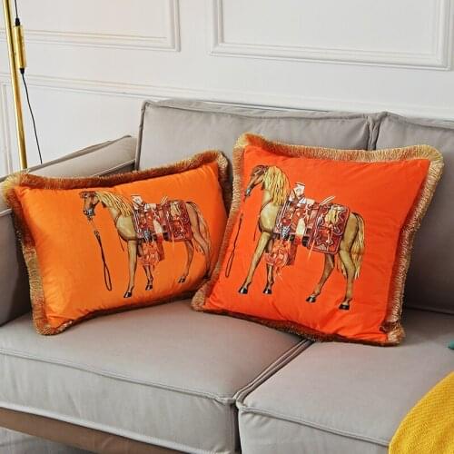 French Horse Orange Cushion Cover European Design Tassels Pillowcases Cover Home Sofa Villa Palace Decor 30X50cm 45X45cm