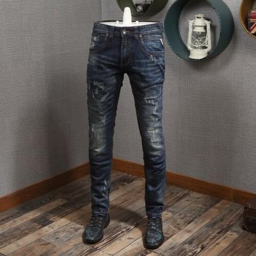 Italian Style Fashion Men Jeans Retro Black Blue Elastic Slim Fit Ripped Jeans For Men High Quality Vintage Designer Denim Pants