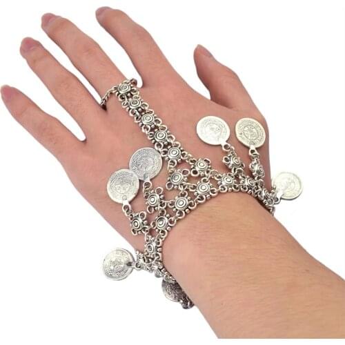 Ethnic Afghan Women Fashion Jewelry Bracelets Silver-Color Coin Charms Dangle Pendant Bracelets Vintage Jewelry Gift Free Shippi