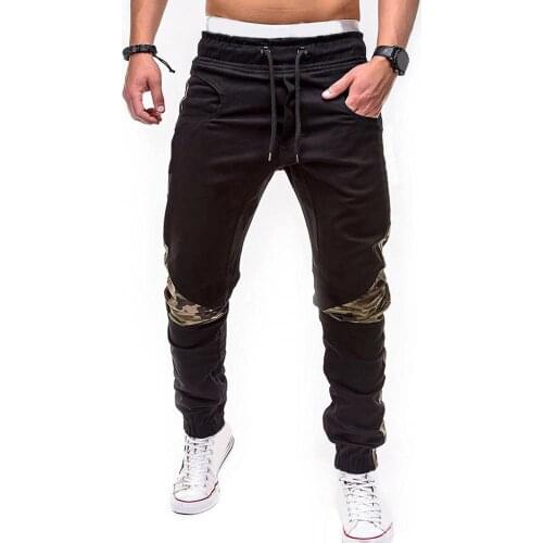Men Camouflage Patchwork Skinny Pants Drawstring Ankle Tied Sports Trousers