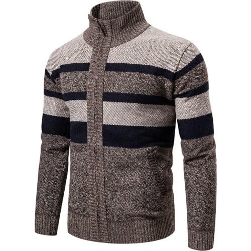 2021 Mens Trend Stripes Long-Sleeved Sweater Stand Collar Casual Cardigan Sweater