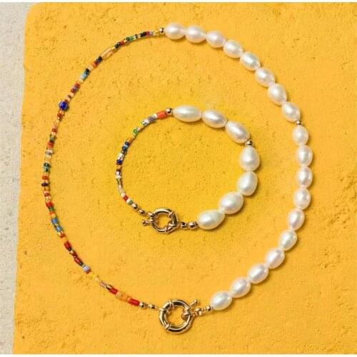 Fashion Real Pearl Jewelry Set Bohemian Multi-Color Glass Beads Freshwater Pearl Necklace and Bracelet Set for Women Party