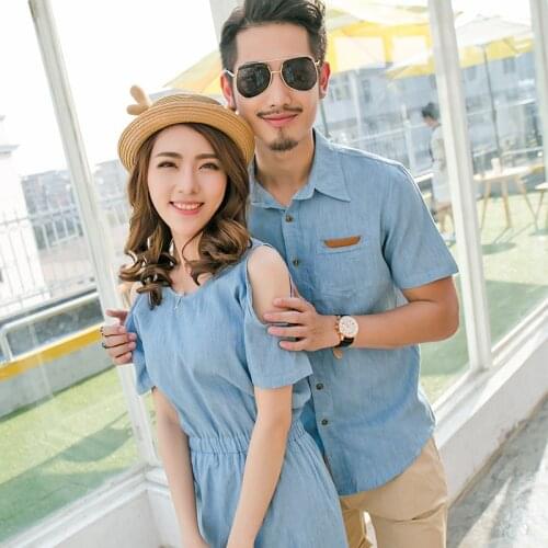 Korean Couple Matching Clothes T-Shirts College School Fashion Lovers Women Summer Jeans Vacational Denim Dress Outfit Wear Set