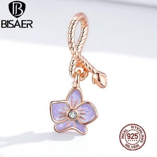 BISAER Phalaenopsis Flower Charms 925 Sterling Silver Rose Gold Bead Pendant DIY Bracelets Necklace 2020 Jewelry EFC287