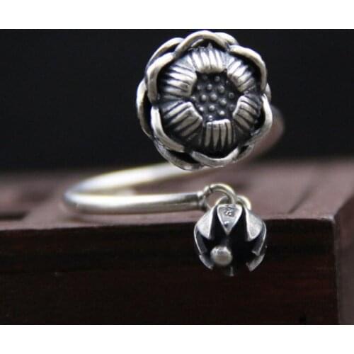 925 Sterling Silver Lotus Flower Vintage Antique Dangling Open Adjustable Ring A2412