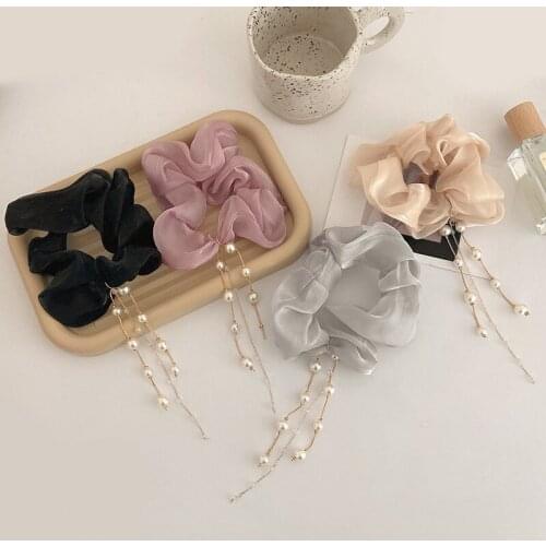 New women Elegant Shiny Satin Pearls Pendant Elastic Hair Bands Ponytail Holder Scrunchie Tie Headband Fashion Hair Accessories