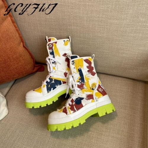 Womens Mid Calf Boots Lace-Up Flat Platform Thick Bottom Female Shoes Graffiti Casual Canvas Round Toe Womens Mid Calf Boots