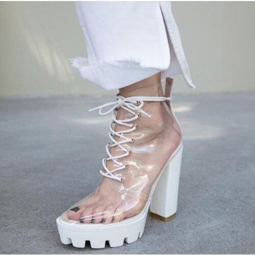 Candy Color White Nude Orange Girls PVC Transparent Pointed Toe Square Heels Platform Club Short Boots Lace Up Ankle Boots Lady