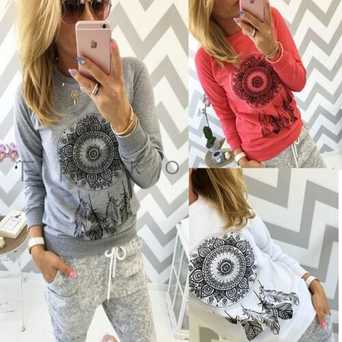 2021 autumn and winter national style printed round neck long sleeve womens T-shirt