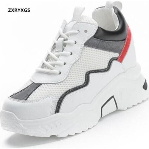2020 New Breathable Mesh Cowhide Leather Shoes Light Comfort Increase Within High Heel Shoes Women Sneakers Shoes Casual Shoes