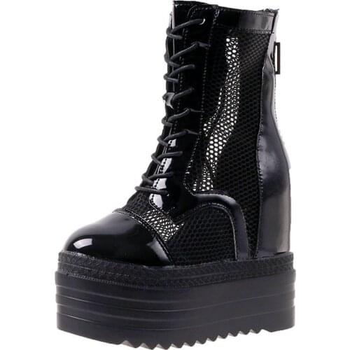 Karinluna INS Hot Sale Leisure Fashion Casual Shoes Women Mesh PU Summer Boots Round Toe Shoelace Zipper Black White Big Size 39