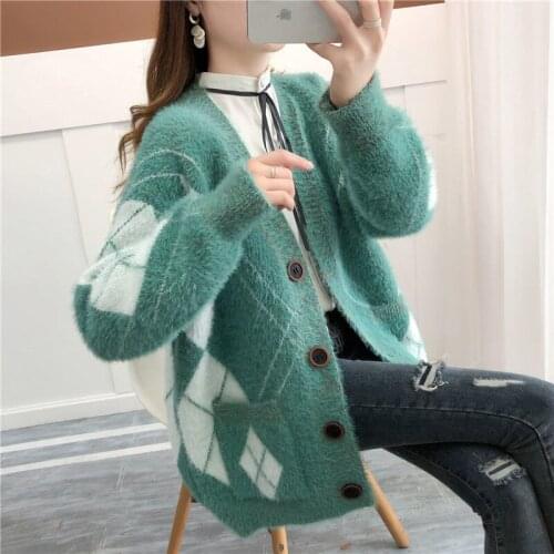 Women Knitted Cardigan Autumn Winter Loose Single-breasted Sweater Coat Imitation Mink Cashmere Jacket Femme Mujer Sueter X316