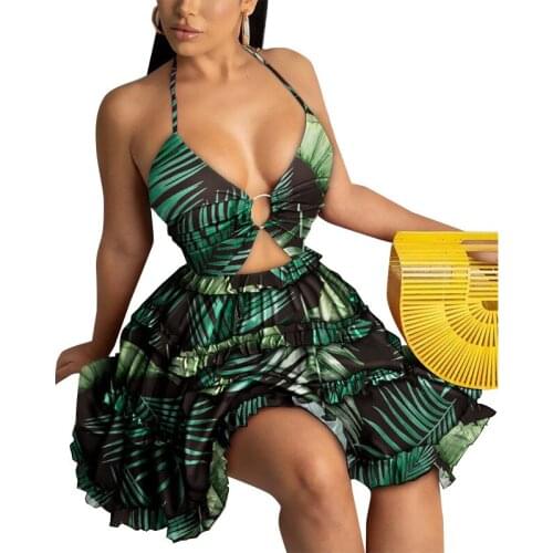 Women Dresses Summer 2021 Hot Sexy V Neck Floral Print Boho Beach Dress Ruffle Sleeveless A Line Mini Dress Wrap Sundress Robe