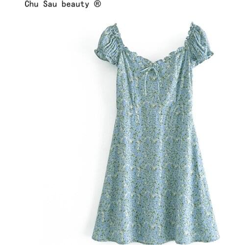 2021 Summer V Neck Puff Sleeve Bowknot Lace-Up Edible Tree Fungus Elastic Folds Floral Print Women Dress Zipper Vestido