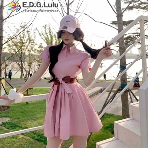 EDGLuLu Spring Summer 2021 Women Turn-down Collar Short Sleeve Shirt Dress Casual Chic Belt Bow Lady Mini Dress Vestidos 0331