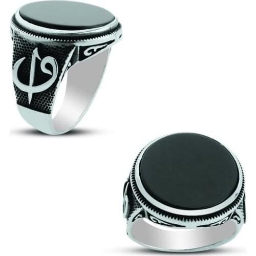 925 sterling Silver Aleph Vav Motif Onyx Gemstone Ring