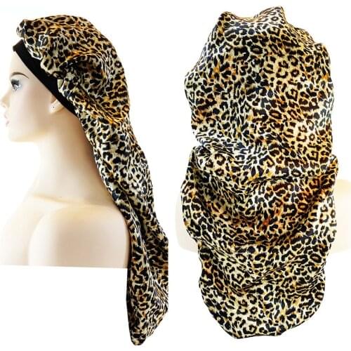 Satin Bonnet Cap Night Sleep Hat Wide Elastic Bands Long Hair Care Wrap For Women Leopard Print
