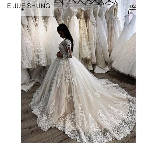 E JUE SHUNG White Lace Appliques Luxury Wedding Dresses Beaded Ball Gown Long Sleeves Lace up Back Bridal Gowns