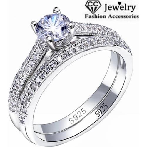 CC 925 Silver Rings For Women Simple Design Double Stackable Fashion Jewelry Bridal Sets Wedding Engagement Ring Accessory CC634