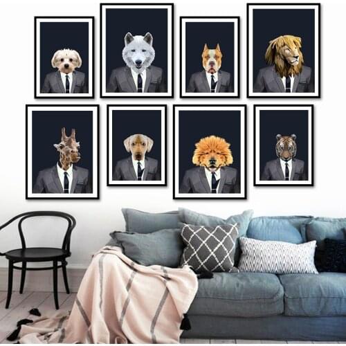 Human Body Animal Head Wolf Lion Tiger Giraffe Wall Art Canvas Painting Nordic Posters And Prints Wall Pictures Kids Room Decor