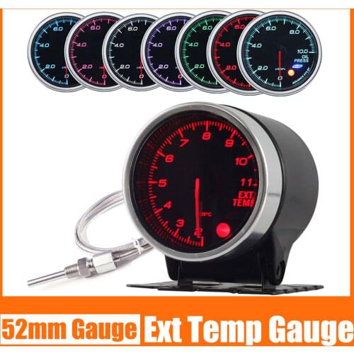 52MM EXT Temp Gauge With Sensor 200-1100 Celsius 7 Colors Backlight Smoke Lens Exhaust Temperature Meter Stepper Motor 12V