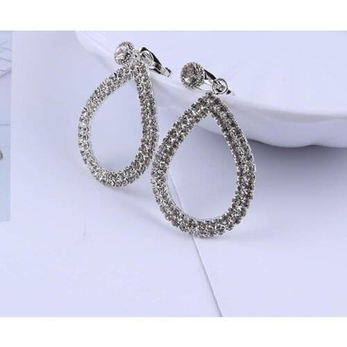 Elegant Waterdrop Crystal Rhinestone Clip On Earrings Non Pierced for Women Simple Korean Bridal Party Prom Clip Earrings
