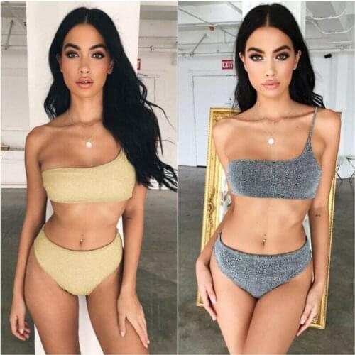 Summer Hot Women Swimwear Push-Up Bikini Set One Shouler Strapless Padded Bra Shinny Swimsuit Beachwear Bathing Suit Swimwears