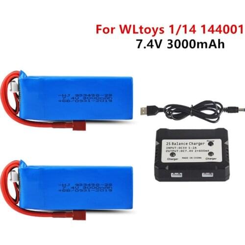 7.4V 3000mAh Lipo Battery T Plug with Balance Charger for WLtoys 1/14 144001 RC toys Car Upgrade Parts 7.4V 3000mAh 12428