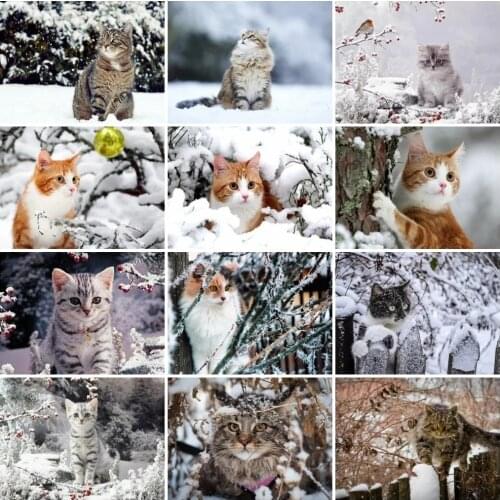 AZQSD Full Kits Diamond Embroidery Cat Winter Snow Mosaic Decor For Home Diamond Painting Animals Cross Stitch Handmade Gift