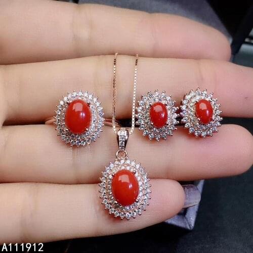 KJJEAXCMY fine jewelry natural red coral 925 sterling silver women gemstone pendant earrings ring set support test popular