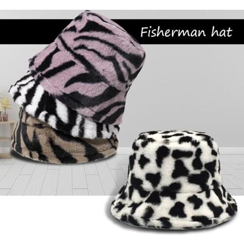 New Korean Winter Vintage Leopard Fluffy Plush Bucket Hat Women Warm Faux Fur Bucket Cap Japanese Sweet Cute Fisherman Hat